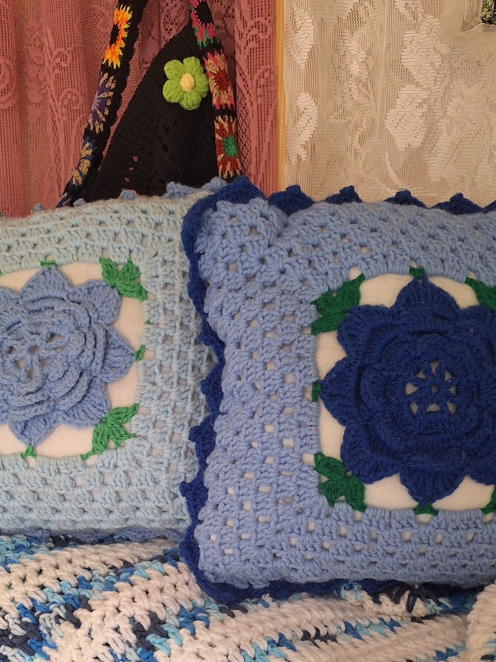 Vintage Handmade Crochet Floral Throw Pillows in Light & Royal Blue